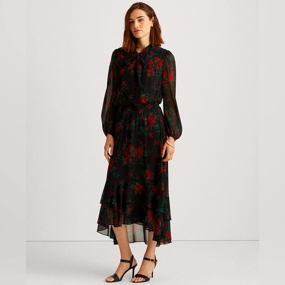 LAUREN RALPH LAUREN‎ Floral Georgette Tie-Neck Dress Long Sleeve Maxi Dress  4 - Picture 1 of 12